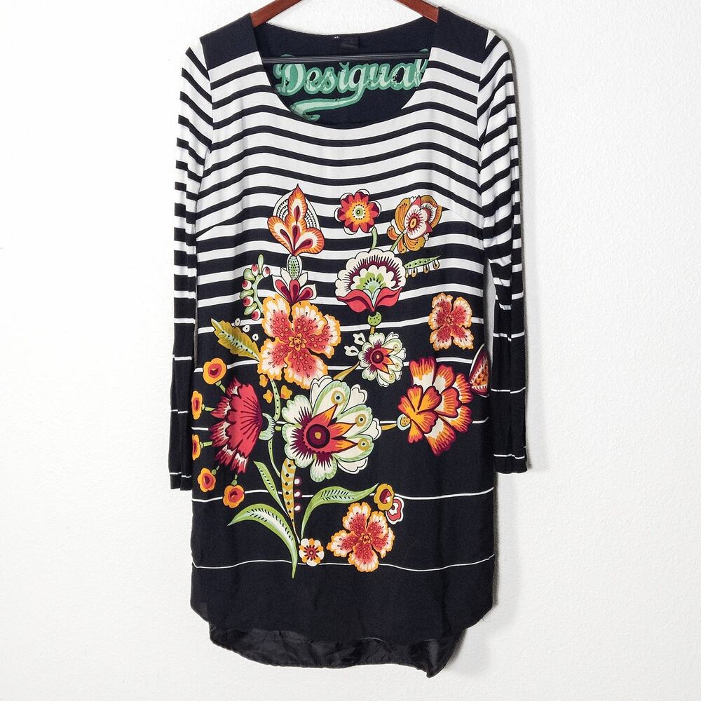 Desigual Floral Stripe Dress Size M Black Embroidered Boho Whimsigoth